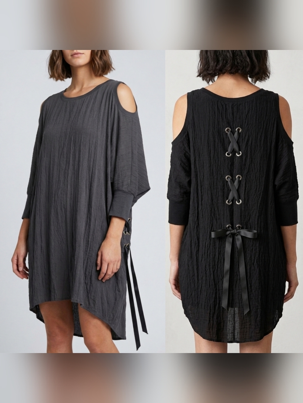 Made in Italy Black Crinkle Cotton Cold Shoulder Lace Up Back Tunic Top OS